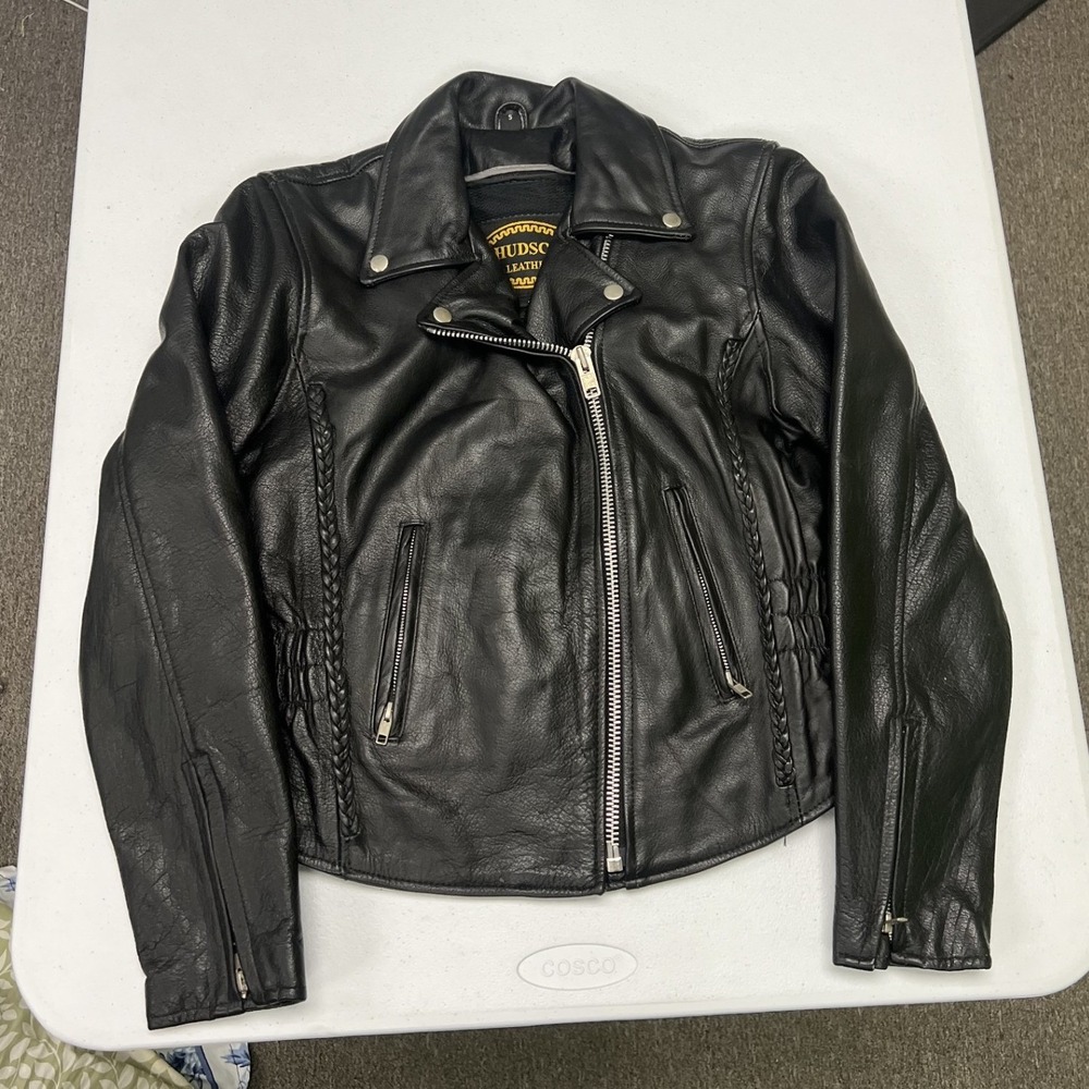 Hudson Leather Motorcycle Jacket Womens S Black Braided Studded Asymmetrical Zip